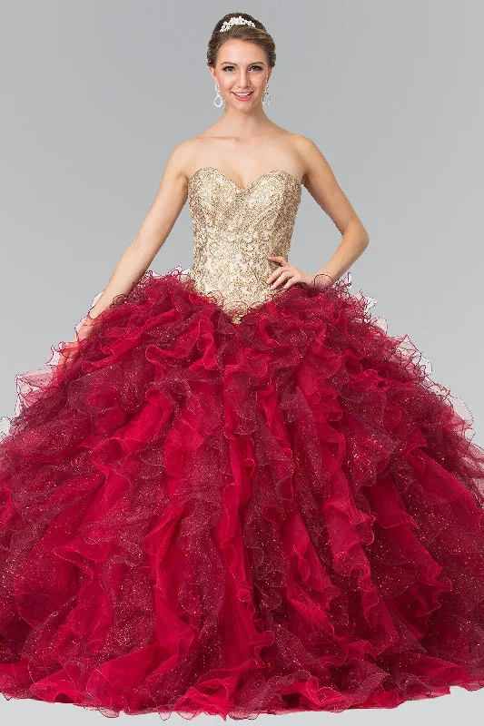 Clearance Items Burgundy Strapless Ruffled Ballgown by Elizabeth K GL2211