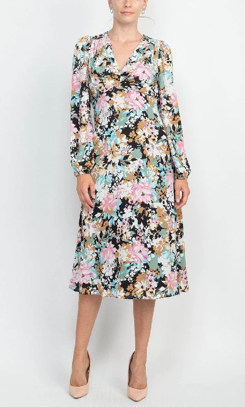 Buy More, Save More London Times T6080M - Printed Floral Empire Midi Dress
