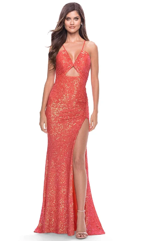 Overstock Sale La Femme 31449 - V Neck Sequined Ruch Long Prom Gown