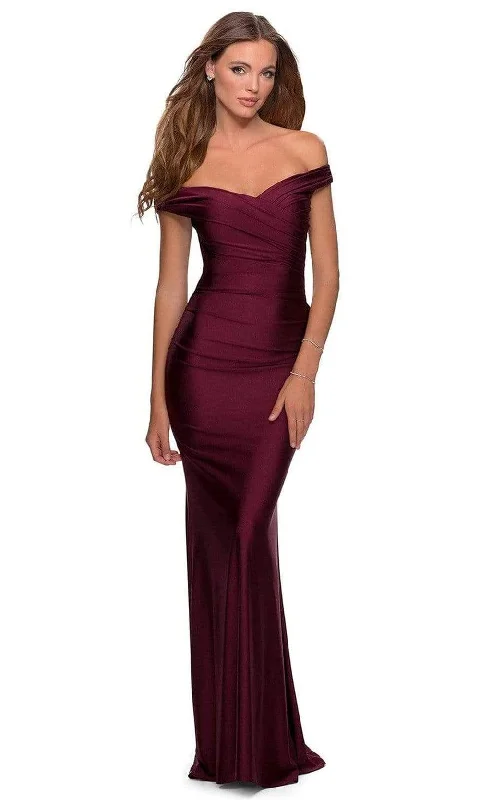Steals and Deals La Femme - 28450 Off-Shoulder Ruched Jersey Simple Prom Sheath Dress
