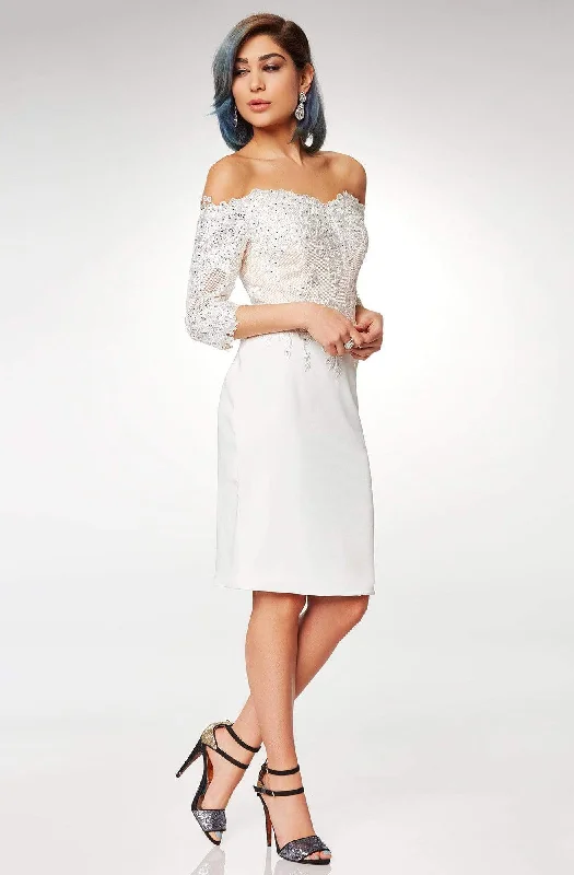 Savings Alert Clarisse - M6566 Lace Off-Shoulder Satin Sheath Knee Length Dress