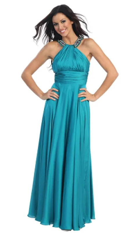 Reduced Prices Aspeed Design - Jeweled Halter Neck Ruched A-line Evening Dress