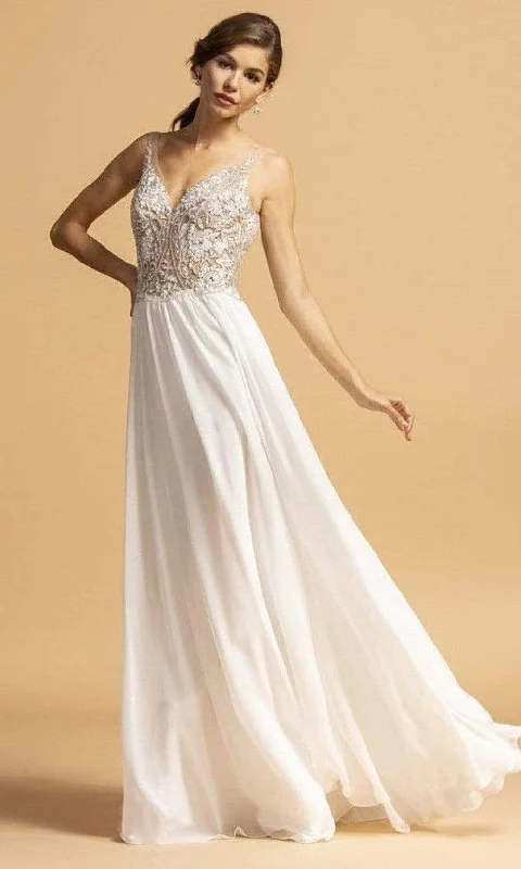 Flash Deals Aspeed Design - L2090 V-Neck Beaded A-Line Dress