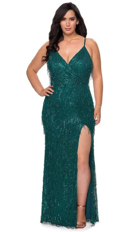 Price Meltdown La Femme - 29013 Sequined Plunging V-neck Sheath Dress