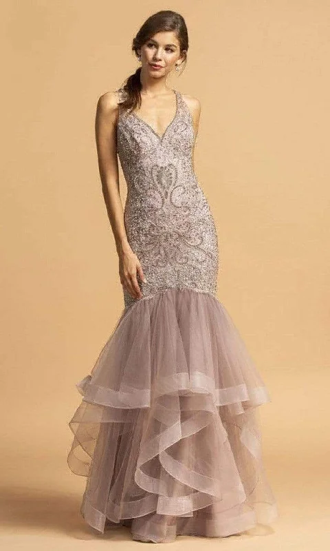 Clearance Sale Aspeed Design - L2163 V-Neck Beaded Trumpet Dress