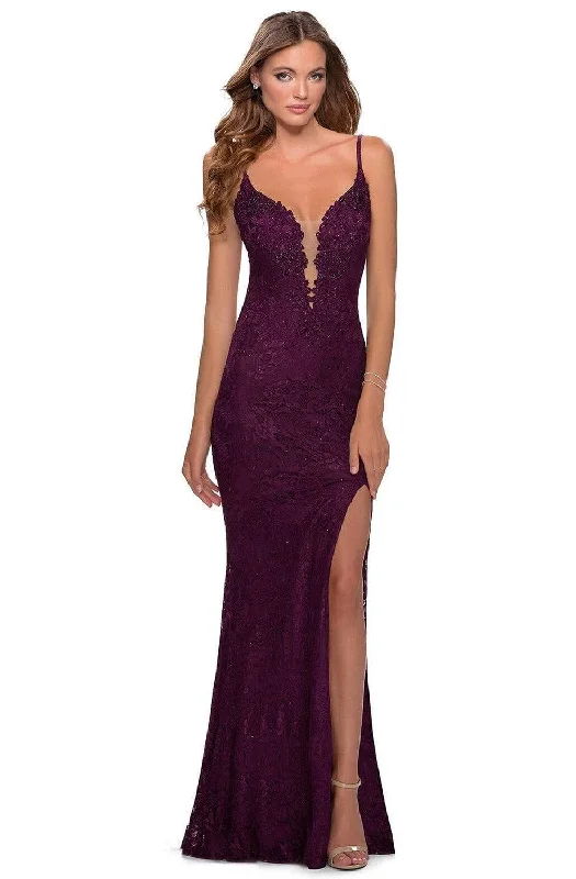 Discount Mania La Femme - 28556 Beaded Lace Plunging V-Neck Sheath Dress