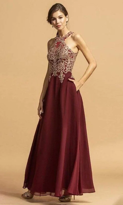 Weekend Deal Aspeed Design - L2273 Metallic Applique Halter Chiffon Dress