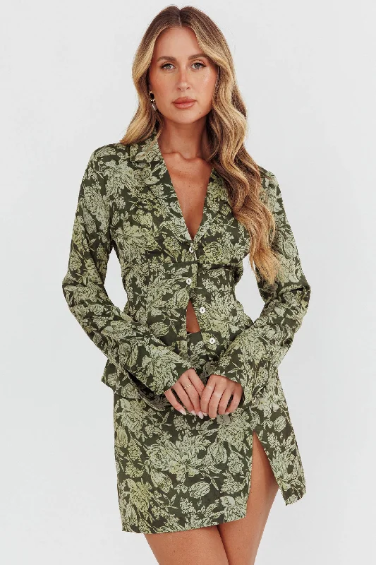 Limited Stock Caledonia Collared Button-Up Satin Shirt Floral Olive