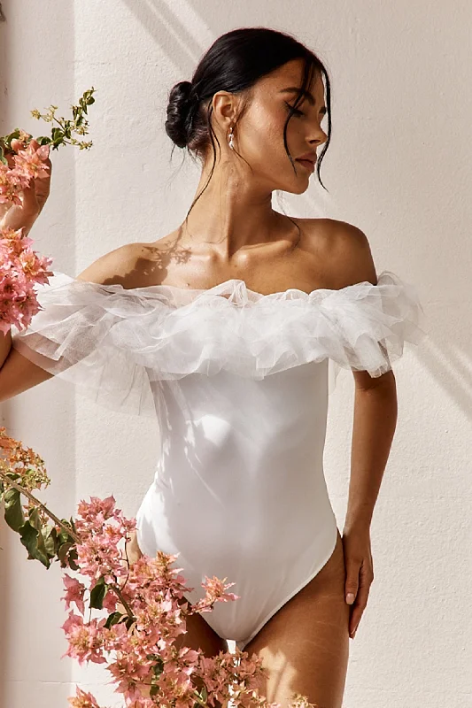 New Markdowns Gianni Ruffle Off-Shoulder Bodysuit White