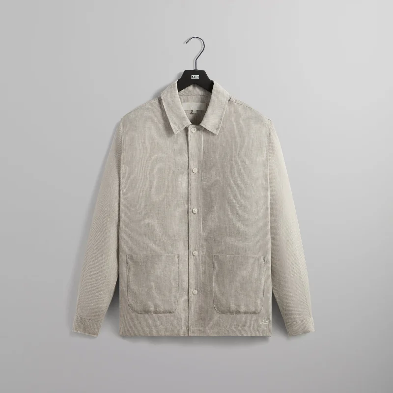 Early Bird Discount Kith Pinstripe Linen Long Sleeve Boxy Collared Overshirt - Light Heather Grey
