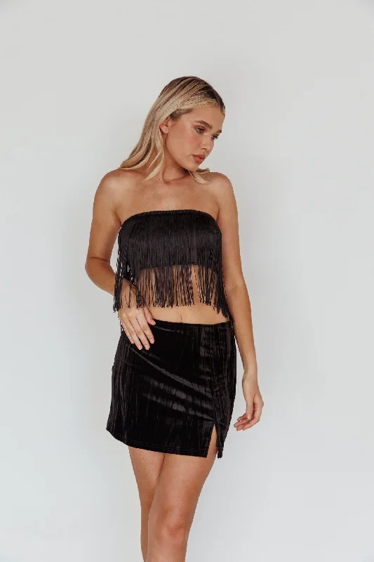 Flash Deals Miss Daisy Fringe Crop Top Black