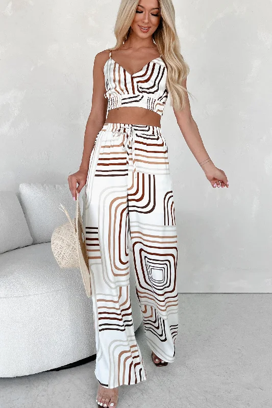 Deal of the Week Appreciate The Aesthetic Satin Geometric Print Pants (Brown Multi)