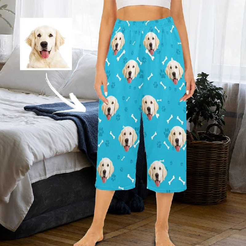 Fantastic Deals Custom Dog Face Blue Cropped Pajama Pants For Women Girlfriend Fashion Gift Personalized Cute