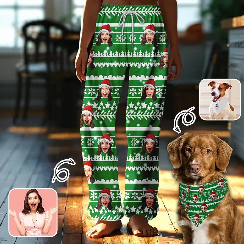 Deal Dash Custom Face Christmas Red Hat Snowflake Pajama Pants and Pet Dog Bandana