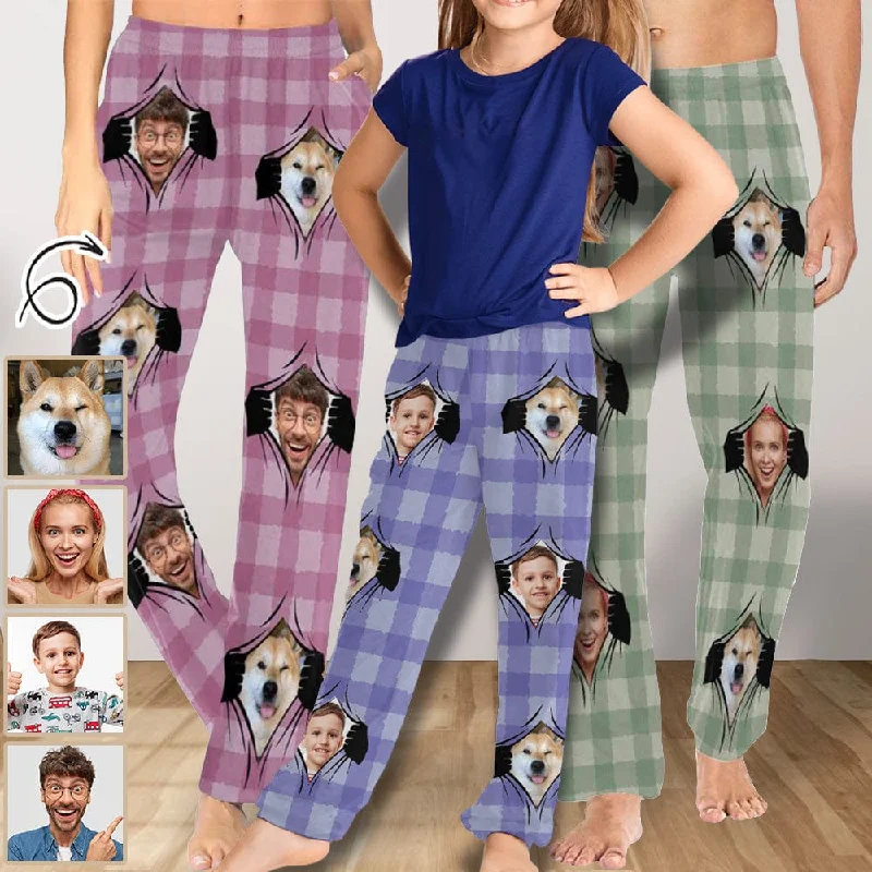 Mega Sale [More Comfortable]Custom Face Grid Family Matching Long Pajama Pants Personalized Sleepwear Slumber Party