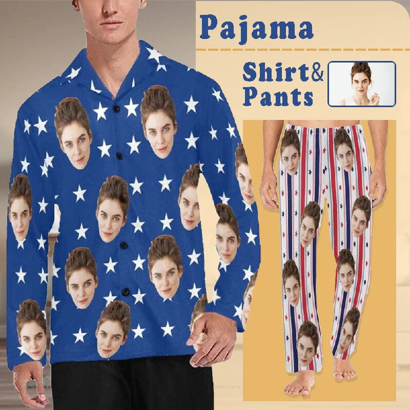 Special Price Pajama Shirt&Pajama Pants-Custom Face Pajamas USA Flag Men's Sleepwear Personalized Photo Men's V-Neck Long Sleeve Pajama Set Special Price Pajama Shirt&Pajama Pants-Custom Face Pajamas USA Flag Men's Sleepwear Personalized Photo Men's V-Neck Long Sleeve Pajama Set