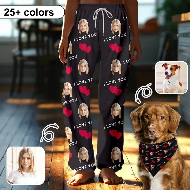 Sale Event Custom Face Red Heart&I Love You Pajama Pants and Pet Dog Bandana