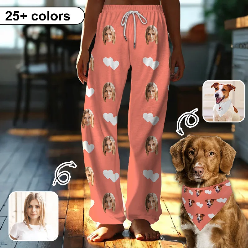 Final Clearance Custom Face White Heart Pink Background Pajama Pants and Pet Dog Bandana Final Clearance Custom Face White Heart Pink Background Pajama Pants and Pet Dog Bandana