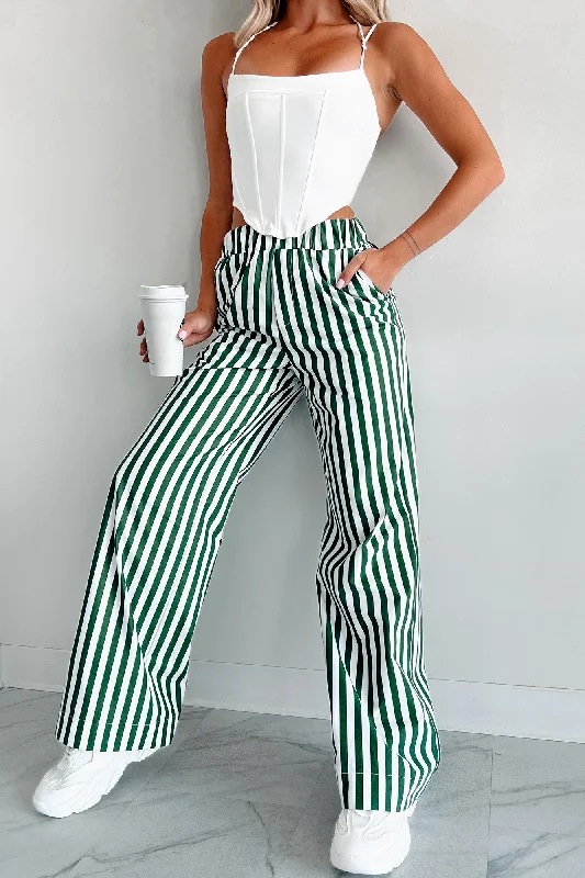 Bargain Bin Cute On The Coast Wide Leg Stripe Pants (Hunter Green/White)