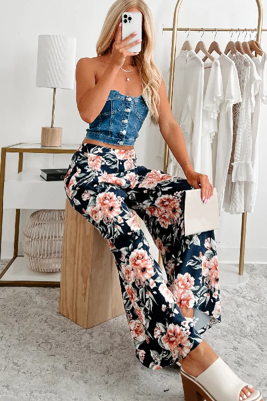Discount Days Dropping The Games Floral Wide Leg Pants (Navy)