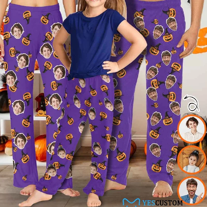 Price Slash Halloween Family Matching Pajama Pants Custom Face Purple Pumpkin Head Tracksuit Halloween Party