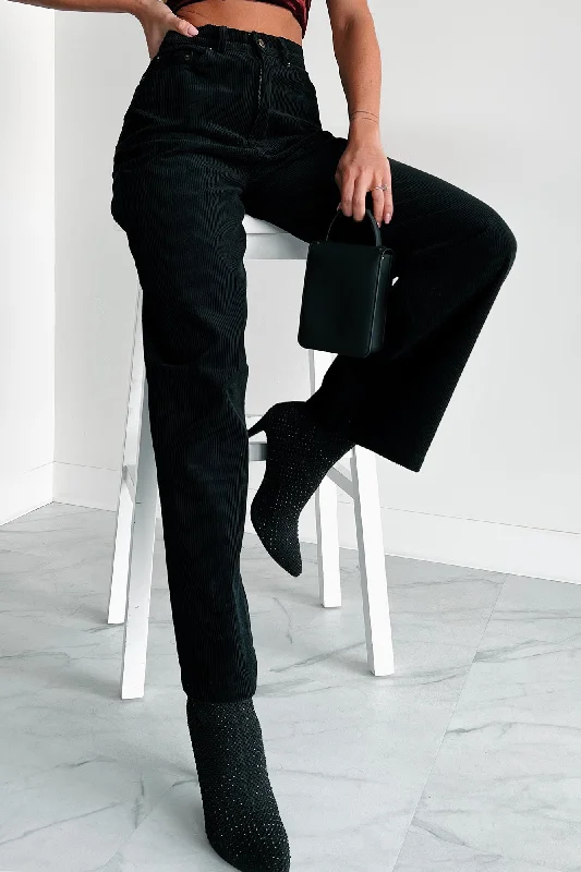 Midnight Madness PNW Casual High Waisted Corduroy Pants (Black)