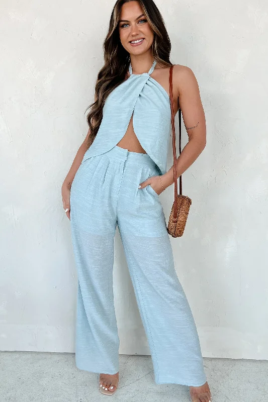 Act Fast Sunsets and Selfies Crop Top & Pants Set (Light Blue)