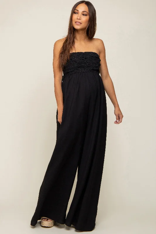 Special Price Black Lace Strapless Maternity Wide Leg Jumpsuit