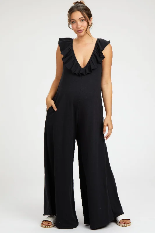 New Markdowns Black Ruffle Accent Wide Leg Maternity Jumpsuit