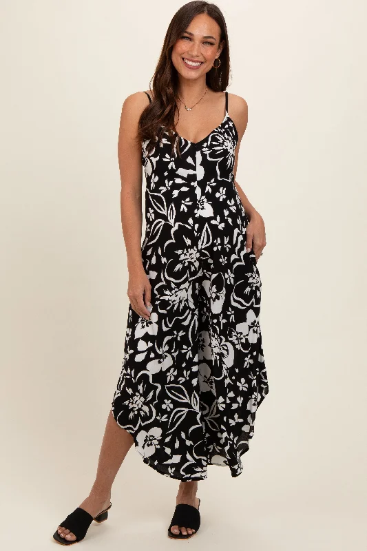 Final Clearance Black Tropical Floral V-Neck Back Cutout Round Hem Maternity Jumpsuit