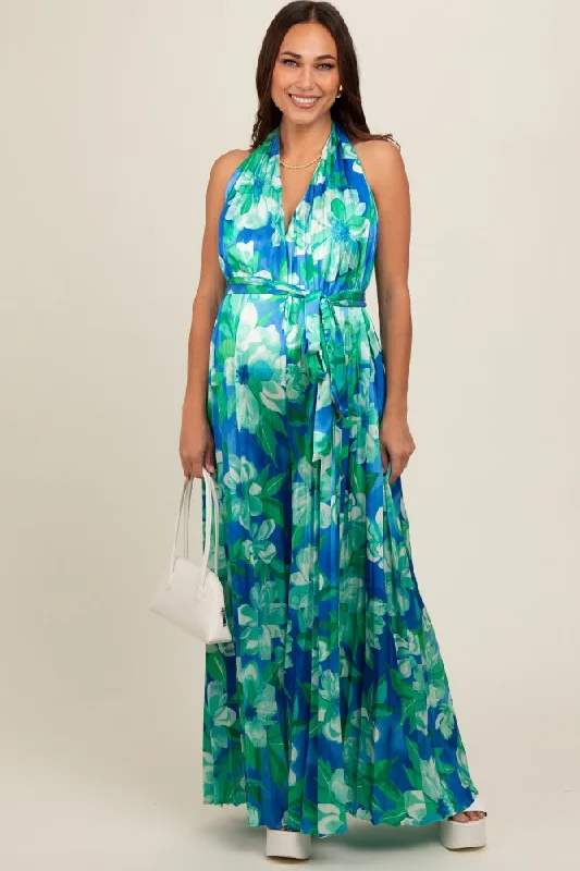 Special Discount Blue Floral Pleated Halter Maternity Jumpsuit