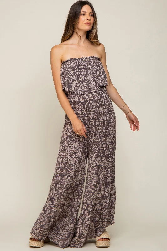 Super Sale Blue Paisley Strapless Ruffle Wide Leg Maternity Jumpsuit