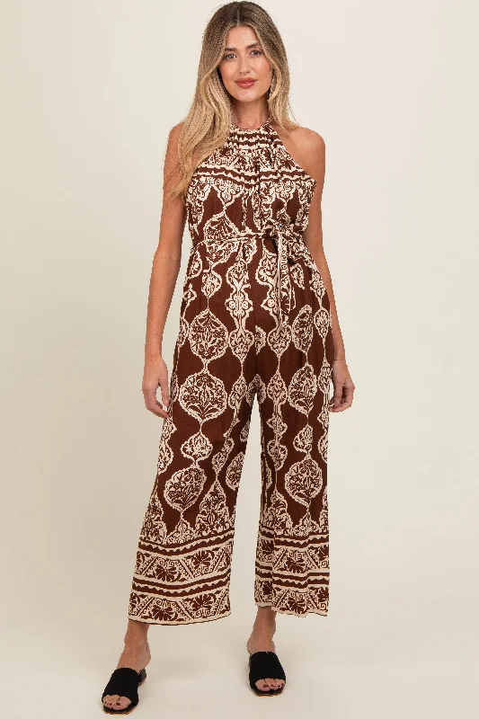 The Best Prices Brown Border Print Front Tie Halter Maternity Jumpsuit