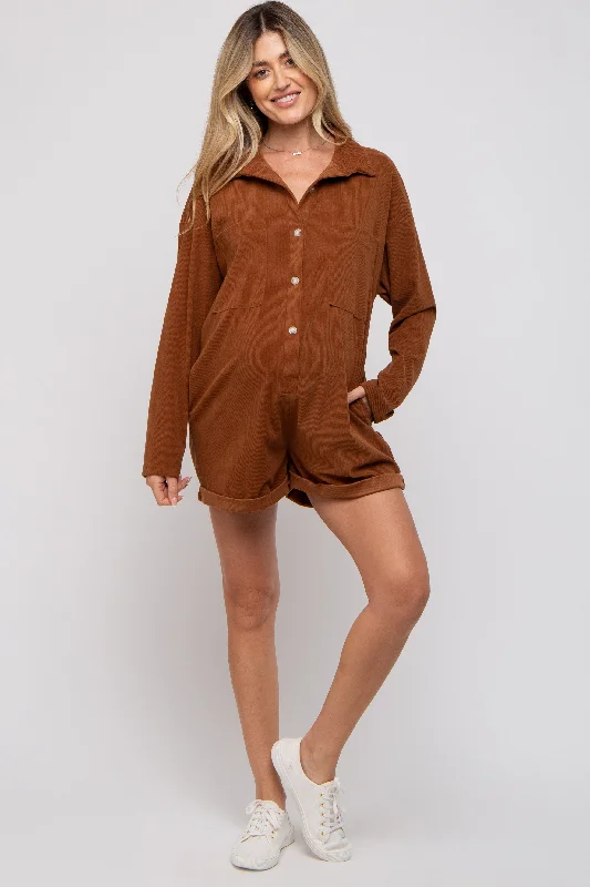 Reduced Prices Camel Corduroy Button Up Front Pocket Maternity Romper
