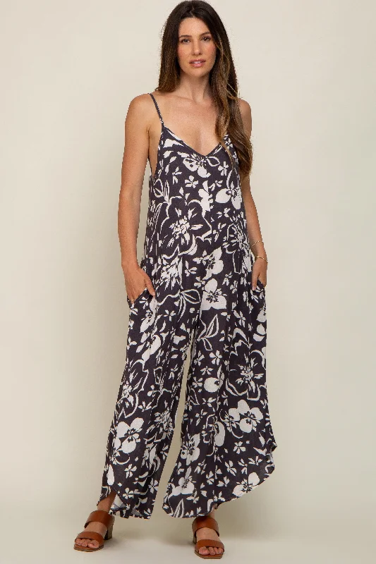 The Best Prices Charcoal Tropical Floral V-Neck Round Hem Maternity Jumpsuit
