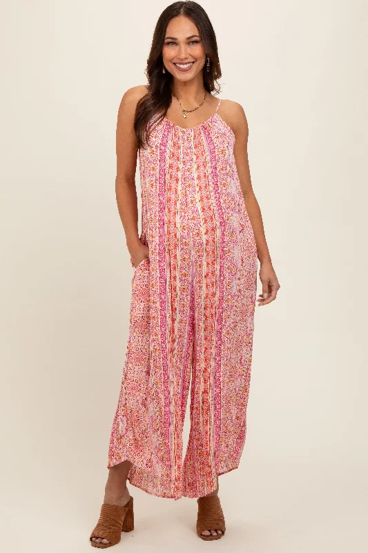 Amazing Deals Coral Floral Striped Asymmetrical Maternity Jumpsuit