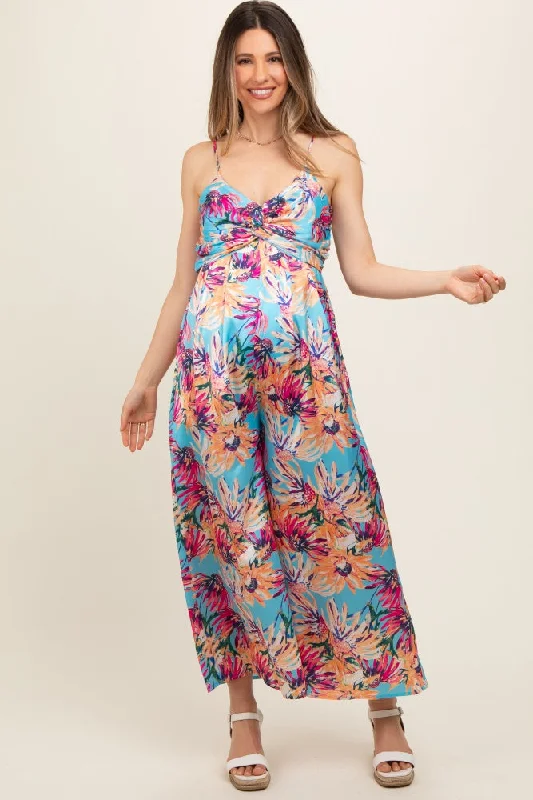 Must-Have Deals Light Blue Floral Front Twist Maternity Jumpsuit