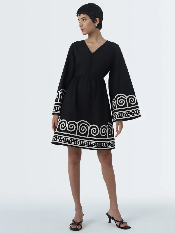 New Deals LOV Black Embroidered A-line Cotton Dress