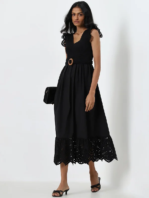 Buy More, Save More LOV Black Schiffli Design A-Line Cotton Dress with Belt