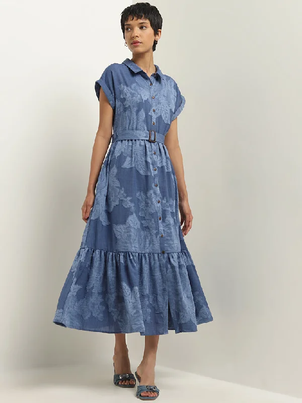 Major Savings LOV Blue Leaf Printed Tiered Shirt Dress with Belt