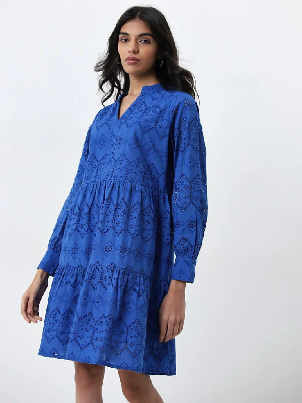 YEAR-End Clearance LOV Blue Schiffli Design A-line Cotton Dress