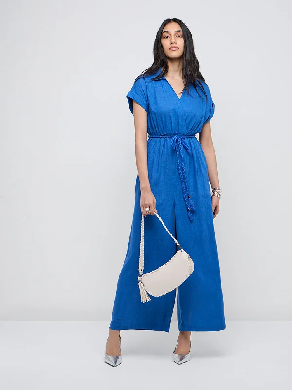 Lowest Prices LOV Blue Solid Blended Linen Jumpsuit with Belt