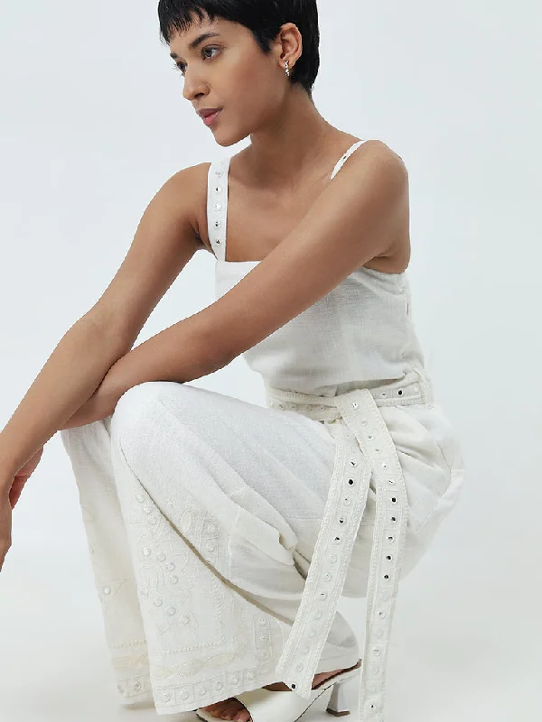 Deal of the Week LOV Off-White Embellished Linen Blend Jumpsuit with Belt