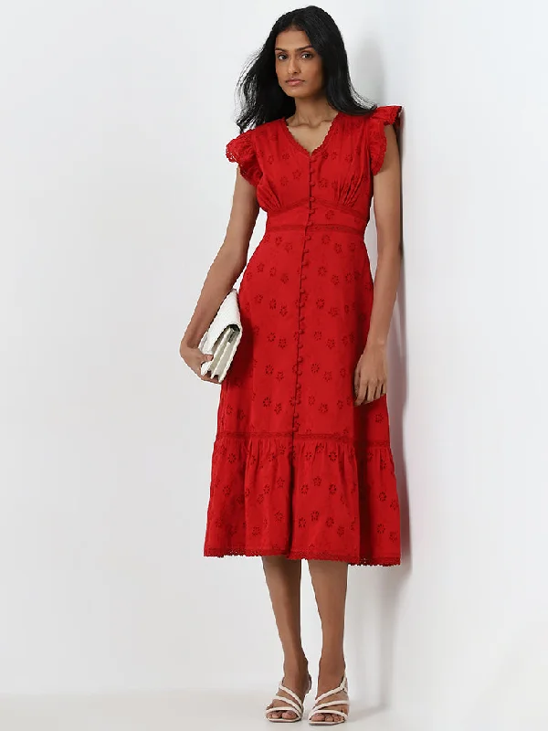 Shop and Save LOV Red Schiffli Design A-Line Cotton Dress