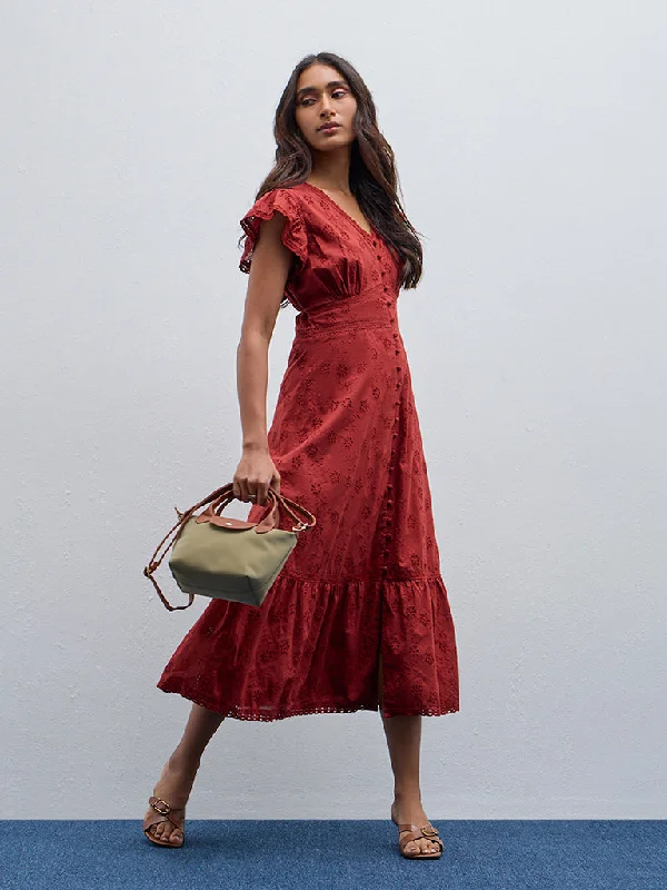 Reduced Prices LOV Rust Schiffli Design A-Line Cotton Dress