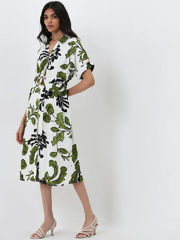 Midnight Madness LOV White Leaf Printed A-line Shirt Dress with Belt