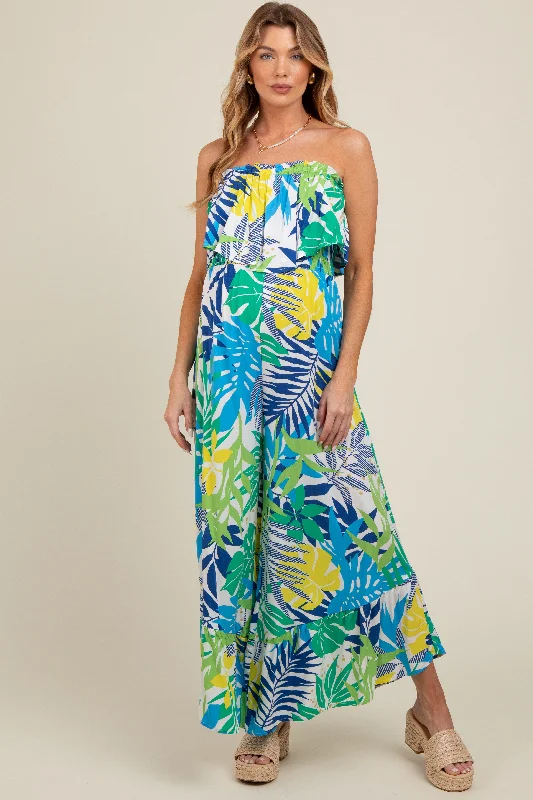 Discount Deals Multi-Color Palm Strapless Ruffle Wide Leg Maternity Jumpsuit