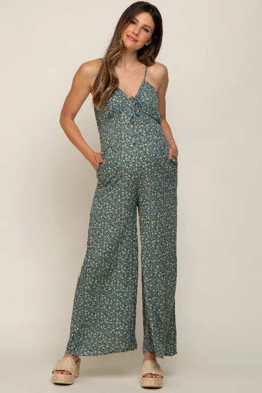 Unmissable Offer Olive Floral V-Neck Front Tie Sleeveless Maternity Jumpsuit