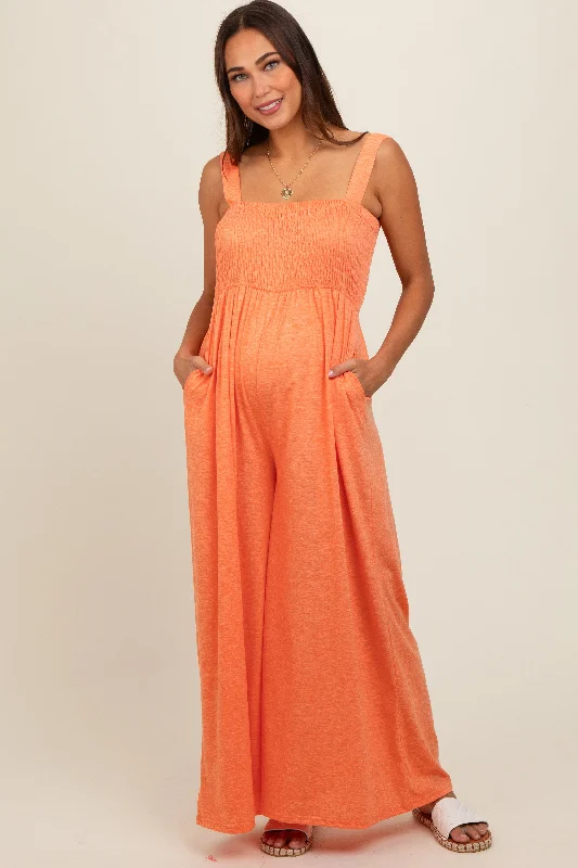 Act Now Orange Smocked Wide Leg Maternity Jumpsuit