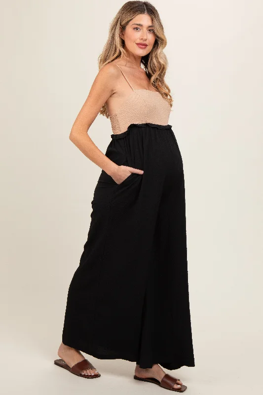 Best Bargains Taupe Colorblock Sleeveless Maternity Jumpsuit